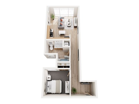 A white floor plan of a house with a kitchen, living room, and bathroom.
